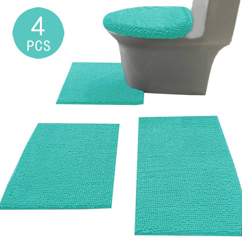 Madeals Chenille Bath Rug Set with Toilet Lid Cover and U-Shaped Toilet Floor Rug Turquoise